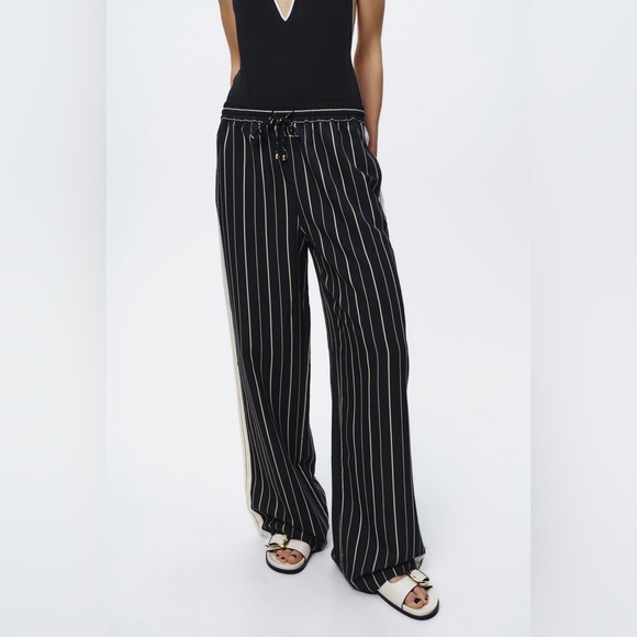 Zara Striped Women’s Wide Leg Trousers Pants with Drawstring Tie - Picture 2 of 9